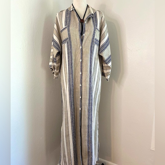 Vintage Dresses & Skirts - Sold Linen Striped Maxi Caftan Dress